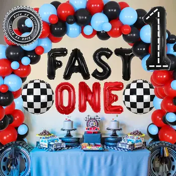 Masina de curse 1st Birthday Party Decor Baloane Ghirlanda Kit cu Carouri Steaguri, Baloane Rapid Un Balon Gonflabil Anvelope Baloane