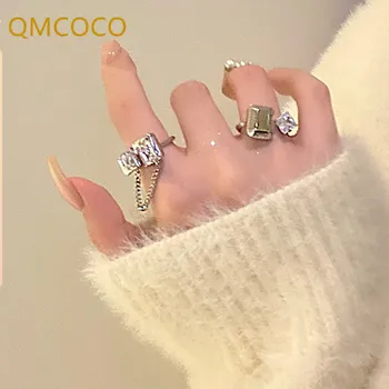 QMCOCO Lanț Argintiu Inel Doamnă Elegantă Fată Elegant Temperament Simplu Stralucitoare de Zirconiu Petrecere de Bijuterii Cadou