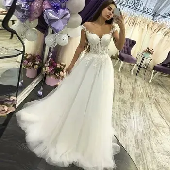 платье Pur Tul O-Gât Lace Aplicatiile Vestido De Noiva de Nunta Rochie De Petrecere Mireasa Pentru a Fi Vestidos De Fiesta