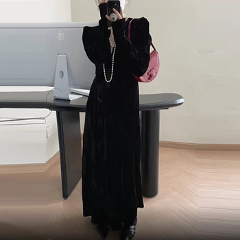 Toamna Noi Femeile Elegante Midi Bumbac Rochie Casual cu Maneci Lungi Vestidos O Bucată Subțire de Primăvară Rochii Negre pentru Femei 2023