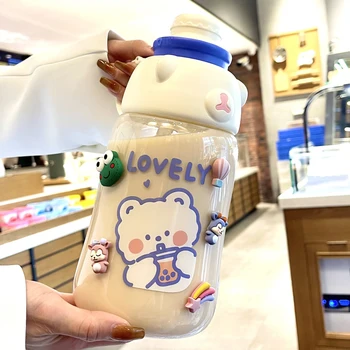 Kawaii Jumbo Urs Sticla de Apa Cu Paie Autocolant Sport din Plastic Portabil în aer liber Suc de Lapte de Băut Mare de Sticle Ulcior BPA Free