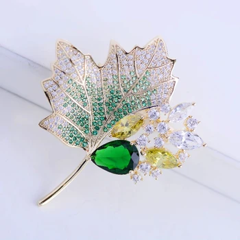 De lux AAA Cubic Zirconia Frunze de Arțar Broșe Ace Strălucire Verde Galben Cristal Corsaj Pin pentru Femei Toamna Bijuterii Accesorii