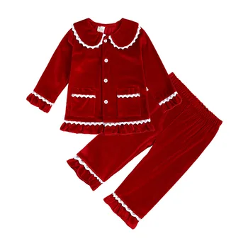Copil Fată Băiat de Crăciun Cald Toamna Iarna Catifea Roșie Seturi de Pijamale Copilul cu Maneci Lungi din Dantela Pijamale Copii Îmbrăcăminte Costum 1-9Y