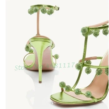 Verde Margele De Cristal Tocuri Sandale Femei T-Curea Strălucitoare Tendință De Vară Subțire Sandale Cu Toc Înalt Pantofi De Lux, De Petrecere, Rochie De Seara, Pantofi