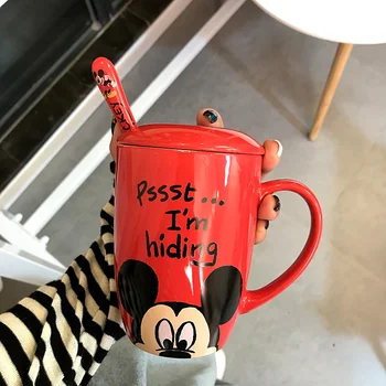 Drăguț Disney Mickey Minnie Pooh Ursul Desene animate Cana de Ceramica de Birou de uz Casnic de Mare Capacitate Cana de Apa cu Capac Lingură de Apă de Sticlă