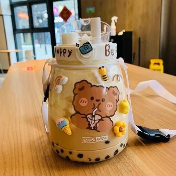 Kawaii Jumbo Urs Sticla de Apa Pentru Copii Școala de Fete Drăguț de Plastic de Călătorie Lapte, Ceai, Suc Portabil Tărtăcuță Cu Paie 3D Autocolant