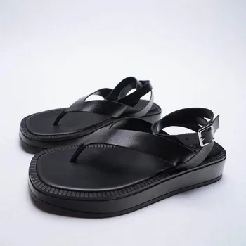 2022 Vara Femei Sandale Plate ZA Toc Pantofi Femei Plat Doamnelor Flip Flops Black Piele de Moda Glezna Strappy Gros-Sandale cu talpă