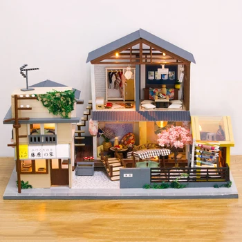 Clădire japoneză DIY Casa de Păpușă de Lemn Kit Miniatura, cu Mobilier Sakura Păpuși Roombox Asamblat Jucarii pentru Adulti Cadouri