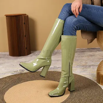 2023 Femeie Cizme Toc Pătrat Genunchi-Mare Clasic Deget de la picior Pătrat Cizme din Piele PU Zip Cizme Rochie de Petrecere Pantofi de Dans Botas De Mujer