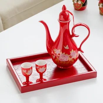 Nunta chineză Ceramice Vin, Set Vin Rosu Oală Carafă Hip Flacoane cu 2 buc de Ceașcă Mică și Tavă de Lemn Cadou de Anul Nou de Portelan