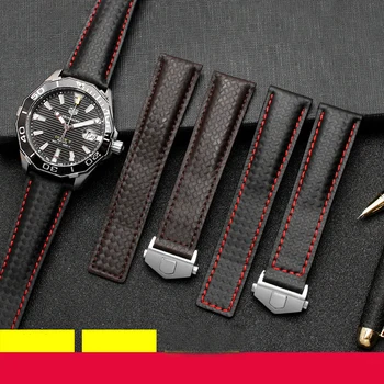 Fibra de Carbon cu textura piele naturala jos watchband Pentru TAG bratara barbati negru cu linie roșie curea 20mm cu pliere catarama