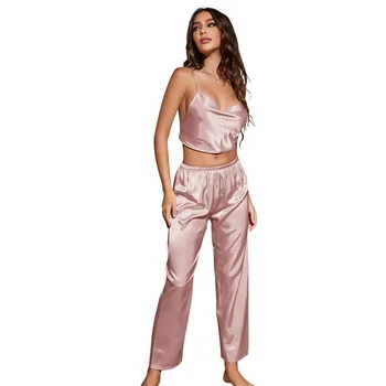 Femei din Două Piese Spaghete Curea Și Pantaloni Lungi CoverUp Set Design Subțire de Gheață Pijamale de Mătase