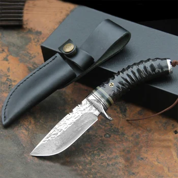Fixed Blade Cuțit High-end cornul mâner de oțel Damasc cutit drept Colecta cuțit de vânătoare în aer liber EDC instrumente