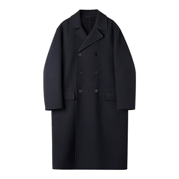 Japonez clasic, simplu, negru la două rânduri haină de lână pentru bărbați liber haină lungă din lână