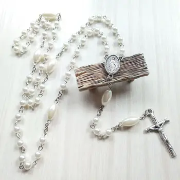 QIGO Mult Acrilic Alb Isus Cruce Colier Rozariu Pentru Barbati Femei Religioase Bijuterii