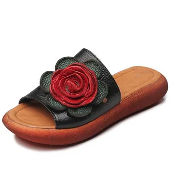 2022 De Sus Piele De Vacă De Flori Elegant Fashion Papuci Femei Sandale Pantofi De Vara Fund Gros Pene Sandale Piele Naturala Papuci