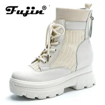 Fujin 8cm Piele naturala Sintetice de Iarnă de Pluș Șosete Glezna Cizme Platforma Wedge pentru Femei Toamna Casual Femei Cauciuc Solid Pantofi