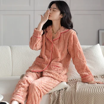 MIIOW Iarna Femei Termică Pijamale Flanel Îngroșat Cald Homewear Confortabil Moale Termo Fleece Set de Pijama pentru Femei 1KG