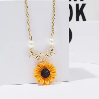 Epocă Pandantiv De Floarea-Soarelui Clavicula Lanț De Perle Imitație Creatoare De Floarea-Soarelui De Moda De Zi Cu Zi Cravată Temperament Drăguț Pulover Guler
