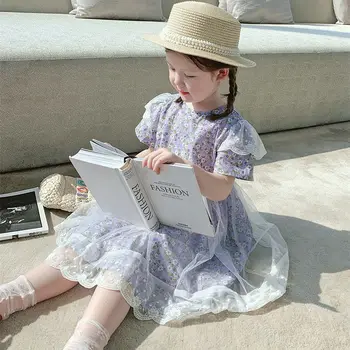 2021 Vara pentru Copii cu Mânecă Scurtă Rochie Florale de Moda Fata de Copil O-Neck Bumbac Împletit Respirabil Tul Rochie de Printesa