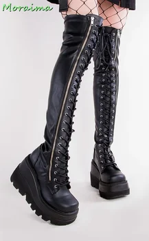 Platforma de Metal cu Fermoar Lateral Dantela-up Coapsei Cizme Înalte Negre Solide din Piele Mata Fund Gros de Moda Punk Stil Pantofi Femei 2022