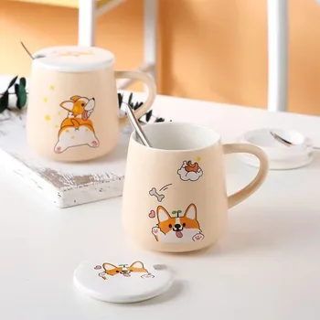 440ml Câine Corgi Cuplu Cana de Cafea Lingura Cu Capac de Desene animate Drăguț Cadou rafinat Decoratiuni de Birou Marca Ceramice Cana de Apa